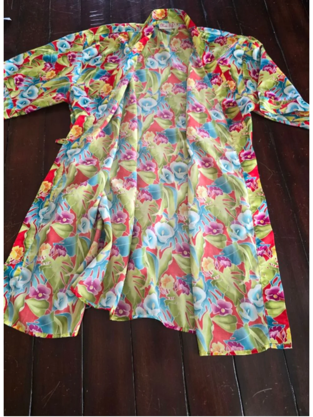 Vintage Miss Fifi Red Green Yellow Satin Floral Pajama Pant and Robe Set Luxe